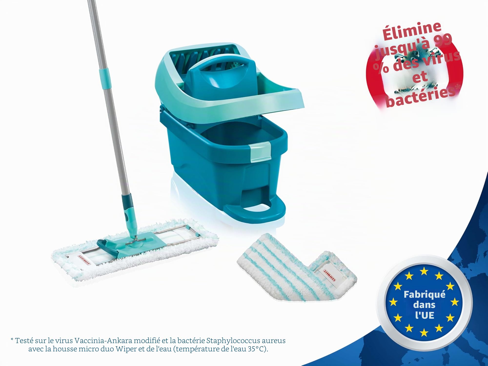 Leifheit Kit Profi XL Essore-housse avec Roulettes et Lave-Sol, housse de rechange incluse, seau et balais-serpillère simples à utiliser avec mécanisme d'essorage intégré