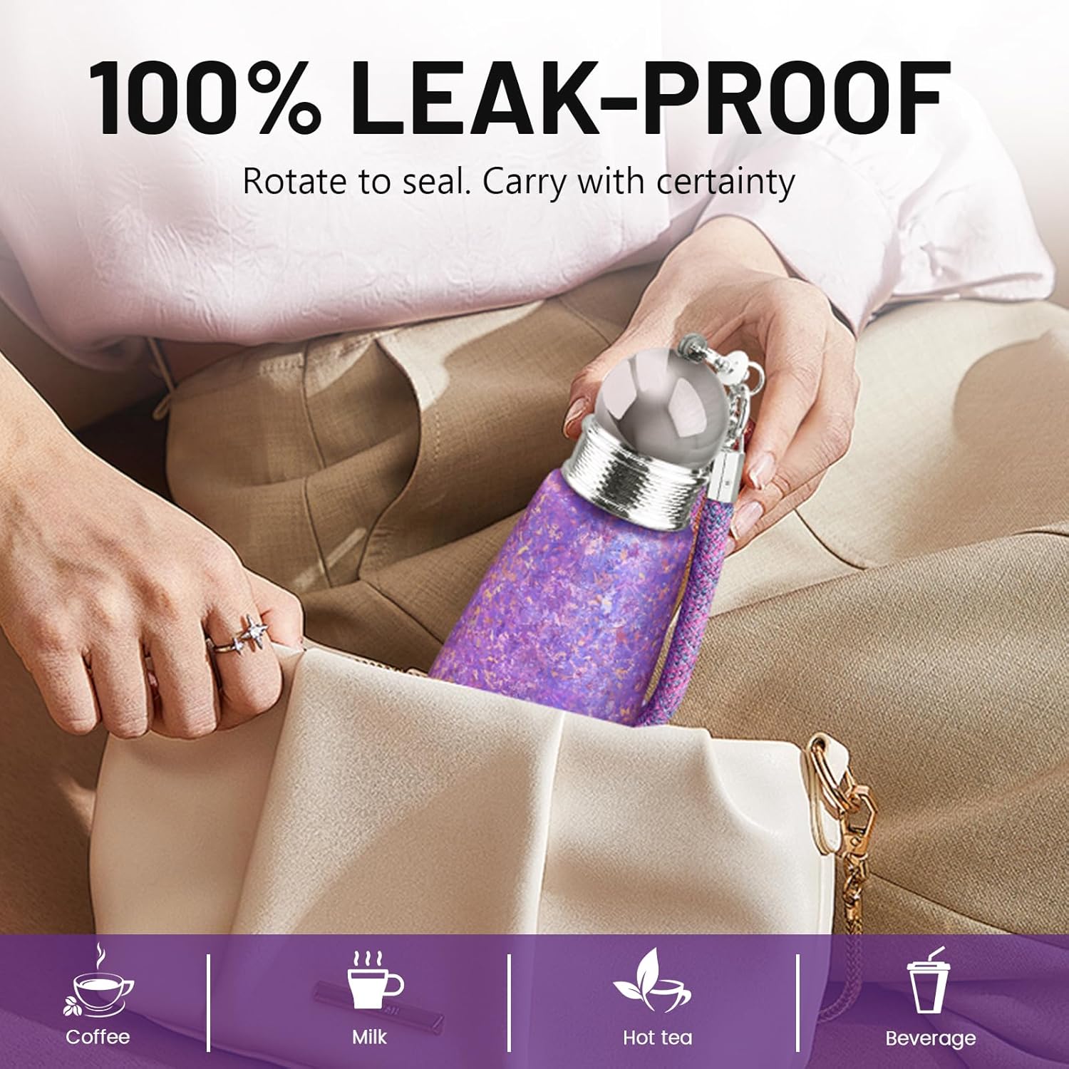 Pure Titanium Water Bottle,12 oz Frosted Purple Insulated Travel Coffee Mug Cup with Lid Straw Weaving Rope Handle Tumblers,Ultralight Leak-Proof Vaccum Camping Flask Keep Cold 12H Hot 12H