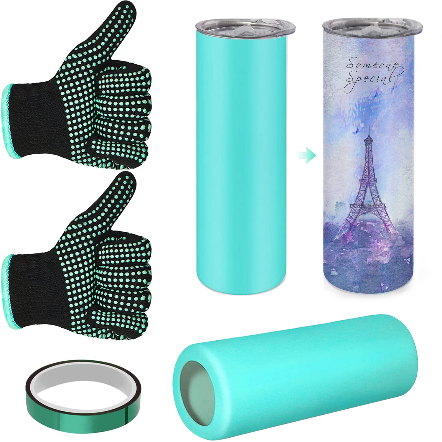 Sublimation Wraps with Heat Tape and Heat Resistant Gloves, Sublimation Tumblers Silicone Wraps for Sublimation Blanks Tumbler, Instead of White Shrink Paper in Oven, Tumbler Heat Press Machine (Cyan)
