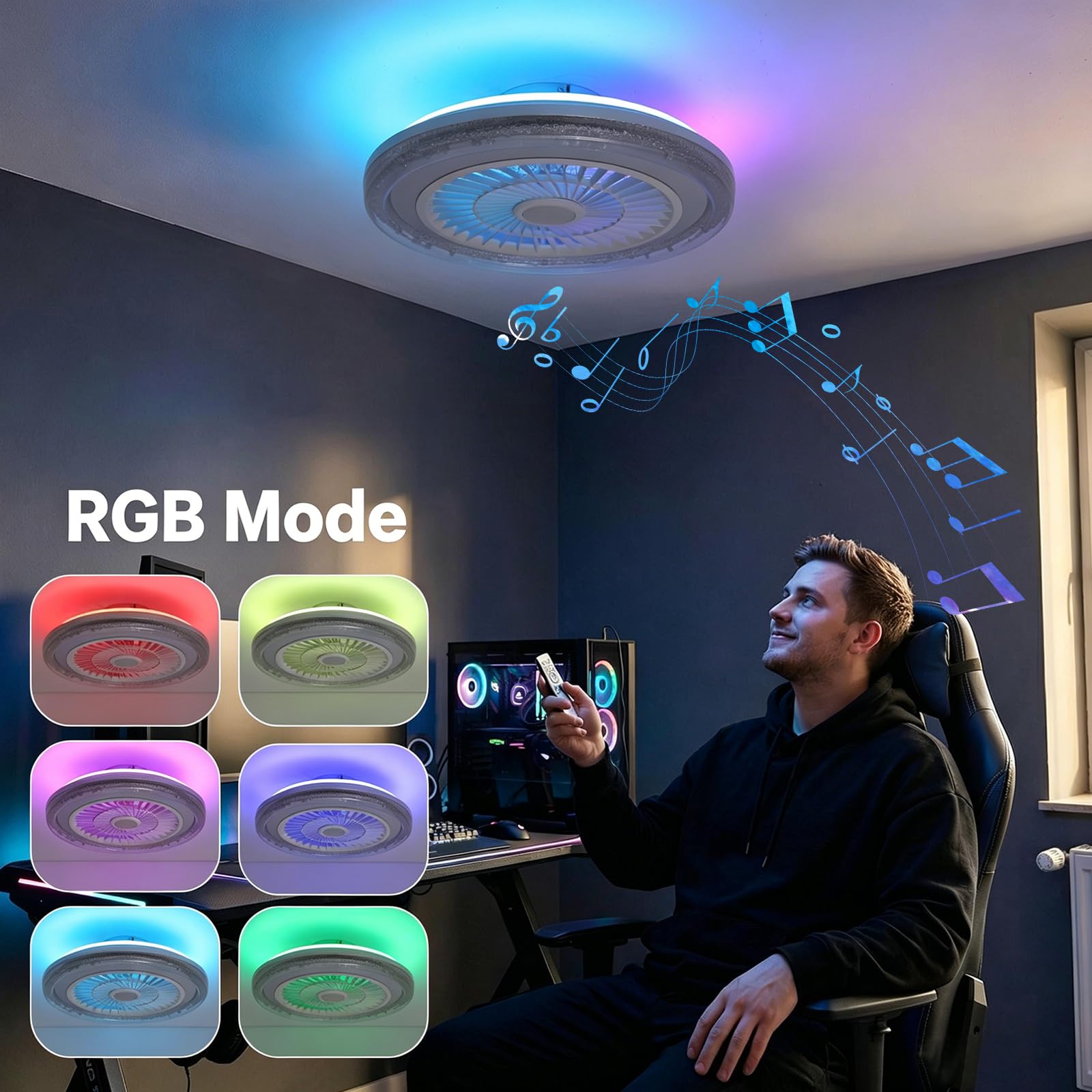 Musical Ventilatore da soffitto LED 50 cm RGB con lampada con telecomando e altoparlante Bluetooth, ventilatore da soffitto con luce reversibile silenziosa per camera da letto