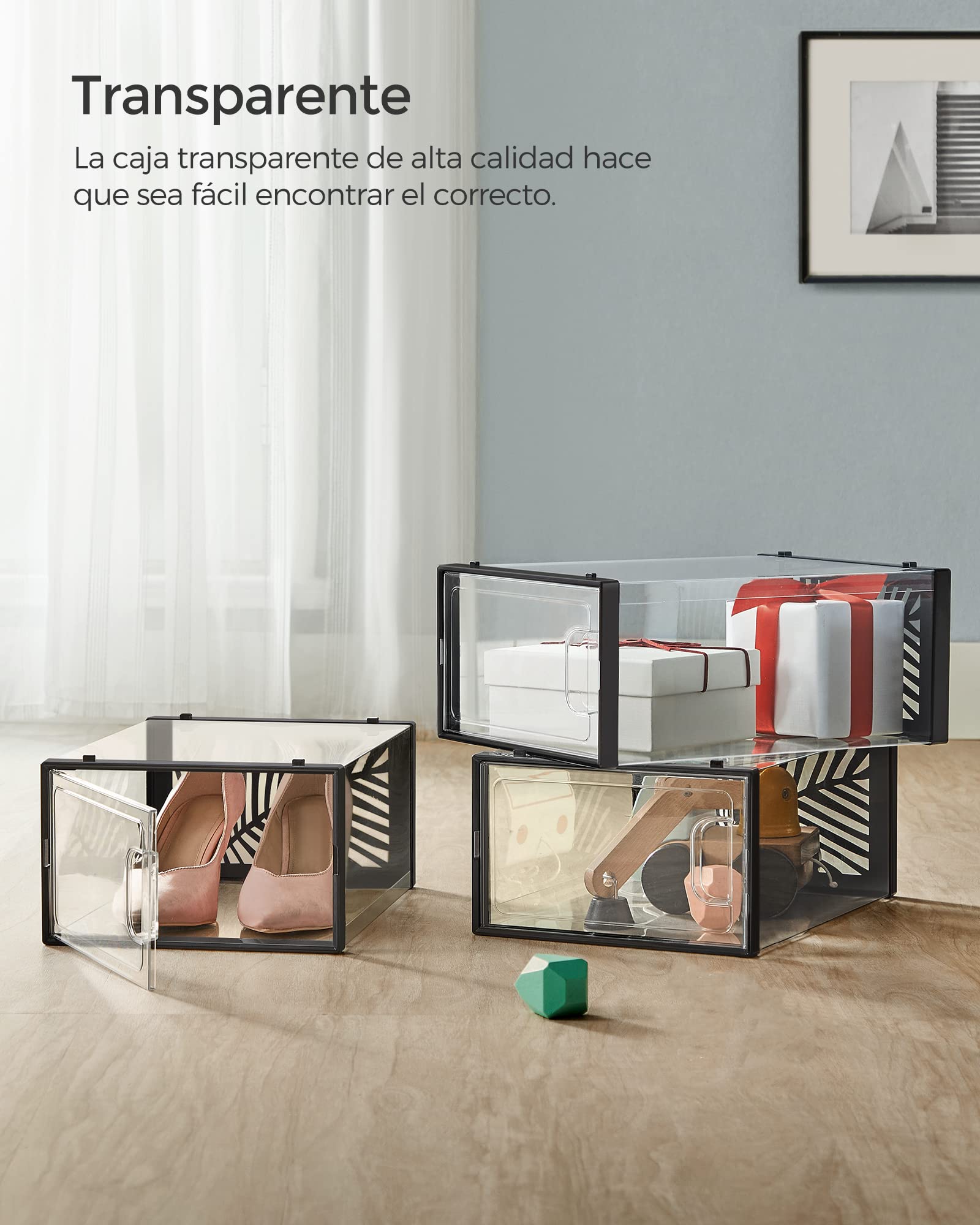 SONGMICS Cajas para Zapatos Transparentes, 18 Cajas de Zapatos, Robusta, Organizadores Plegables, Talla 44, Apilables, para Exponer Zapatillas, Tacones Altos, Transparente y Negro LSP106B18