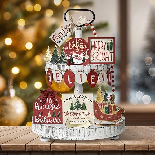 Miniatura 7 de Smile - Juego de 15 piezas de decoración navideña para interiores, juego de decoración de bandeja escalonada, centro de mesa de árbol de Navidad,