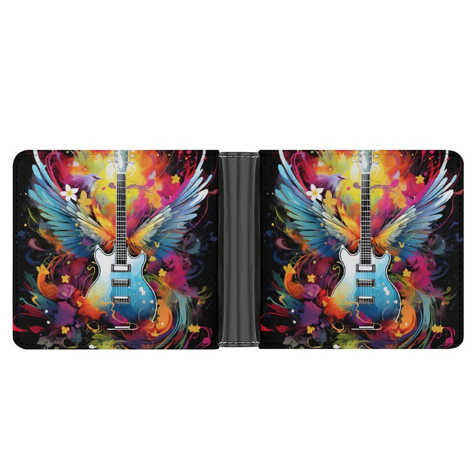 Watercolor Guitar with Wings Bifold Wallet PU Leather Coin Purse Lightweight Credit Card Holder Wallet Money Clip