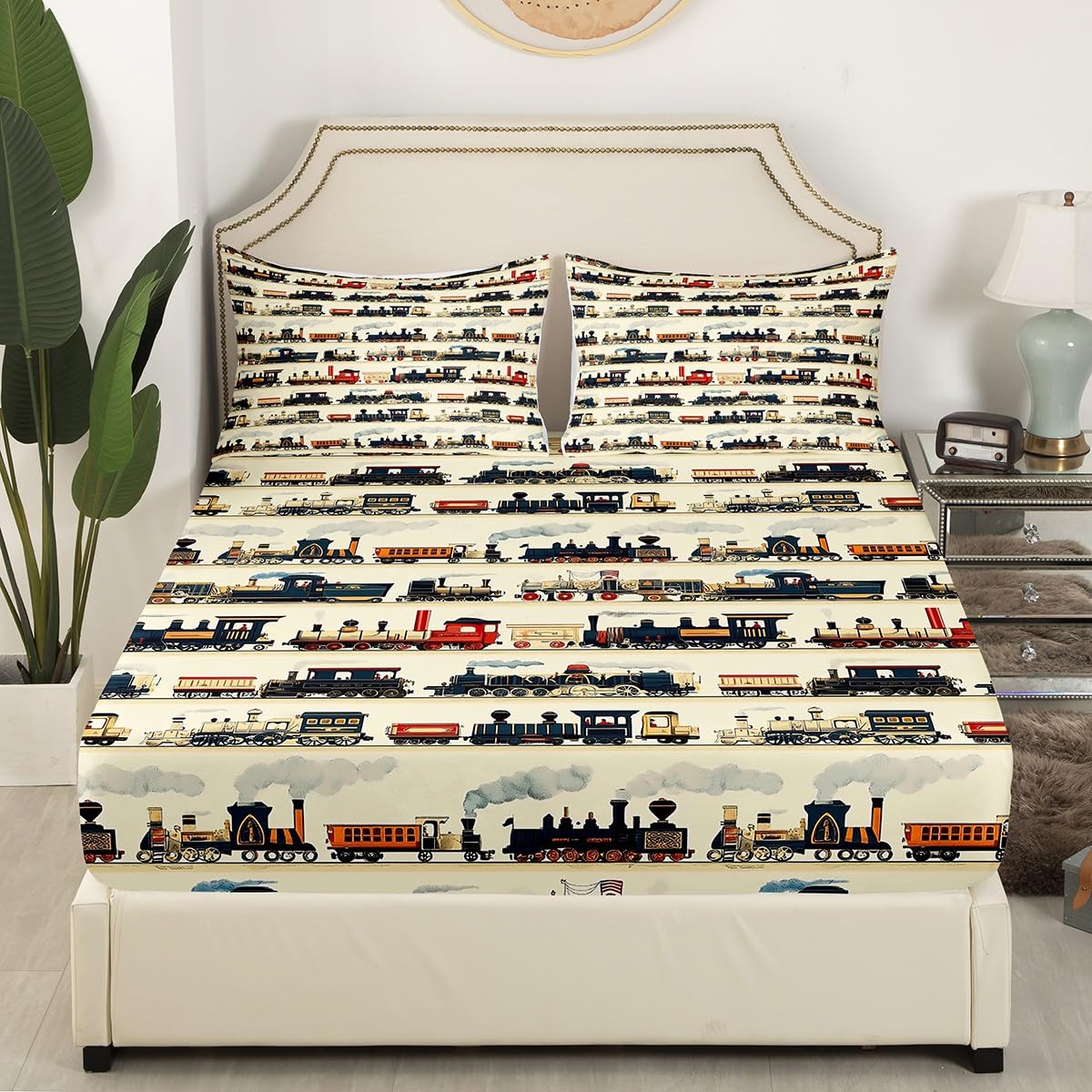 Feelyou Kids Train Fitted Sheet Set - Queen Size Buffalo Check Orange Plaid - Retro Steam Engine Bedding - View #5