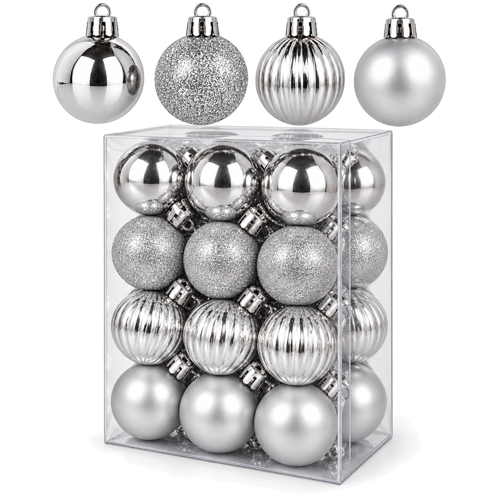 24 Pcs Silver Christmas Tree Baubles, 3 cm Hanging Ball Ornaments