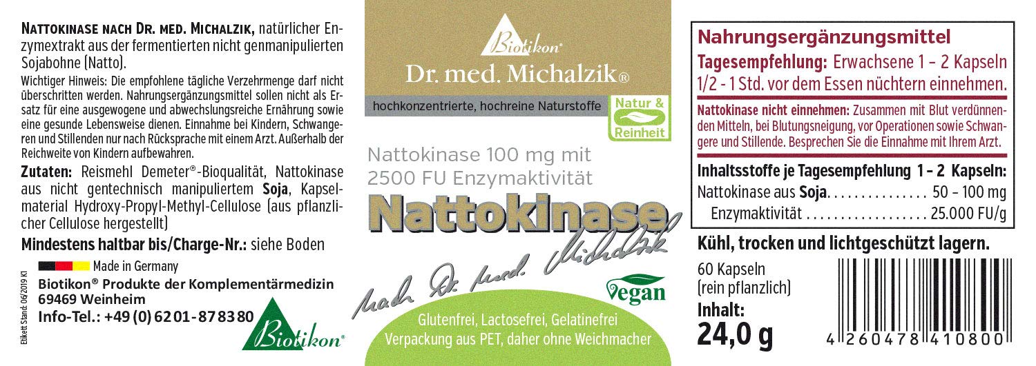Nattokinase Dr. med. Michalzik - Tagesdosis | Nattokinase-Extrakt aus fermentierten Sojabohnen [100mg] | 25000 FU/g | 60 Kapseln - ohne Zusatzstoffe - von BIOTIKON®