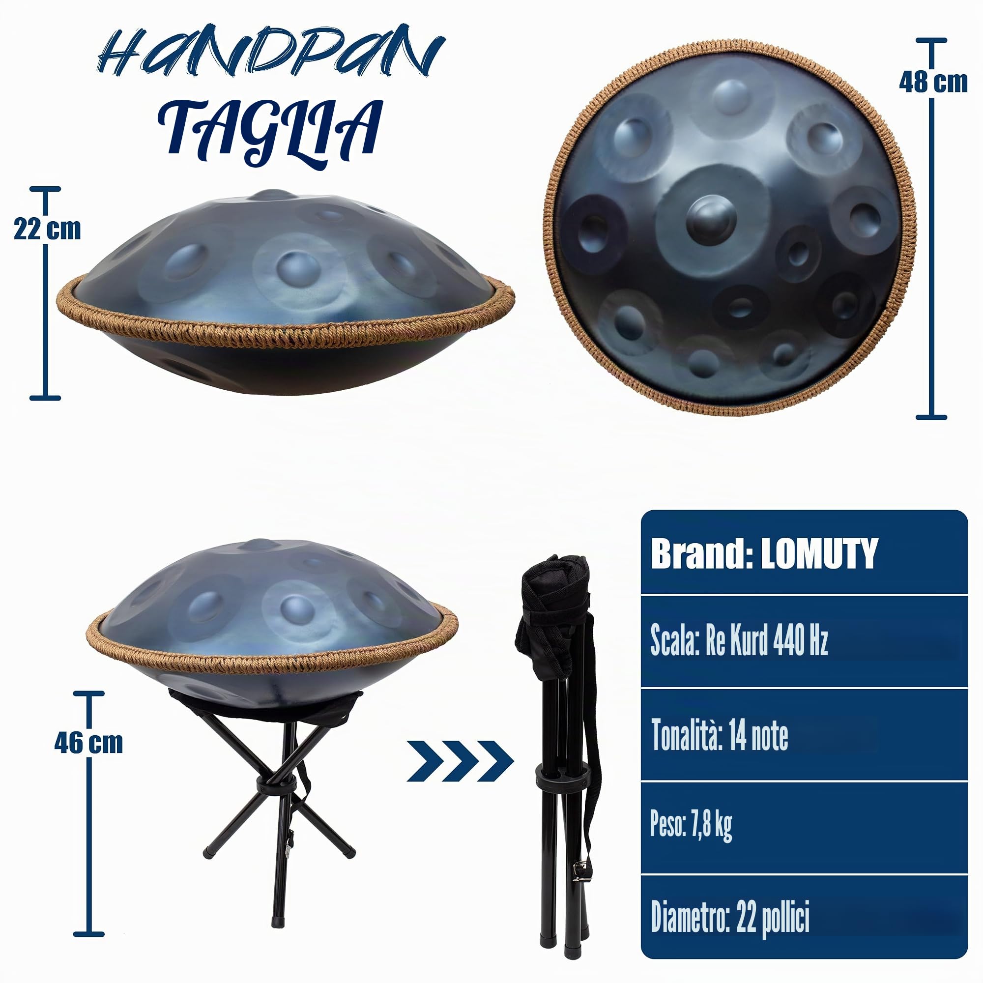 Handpan, Steel Drum, Hand Pan, Tamburo in Acciaio, Blu Notte | 440HZ 14 Note D Minore 22 Pollici 56cm Handpan Drum per Meditazione e Yoga, Tamburo a Mano con Borsa e Supporto