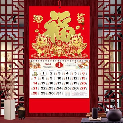 Vista 18 de Calendario colgante chino 2024, calendario de pared del año del dragón, calendario lunar chino 2024 mensual para decoración de año nuevo chino