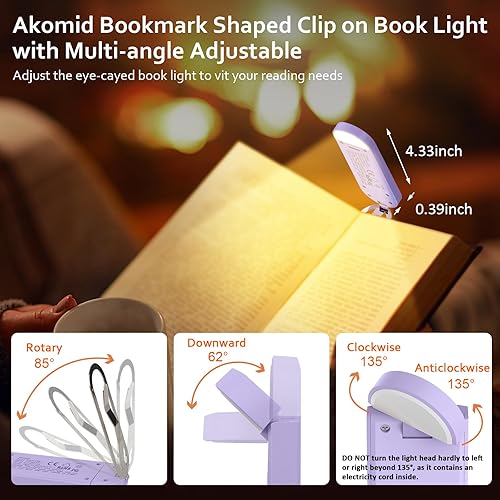 Miniatura 5 de Akomid Luz de libro, luz de lectura recargable por USB, luz ámbar cuidada de los ojos, luz de libro para leer en la cama para niños, 8 LED
