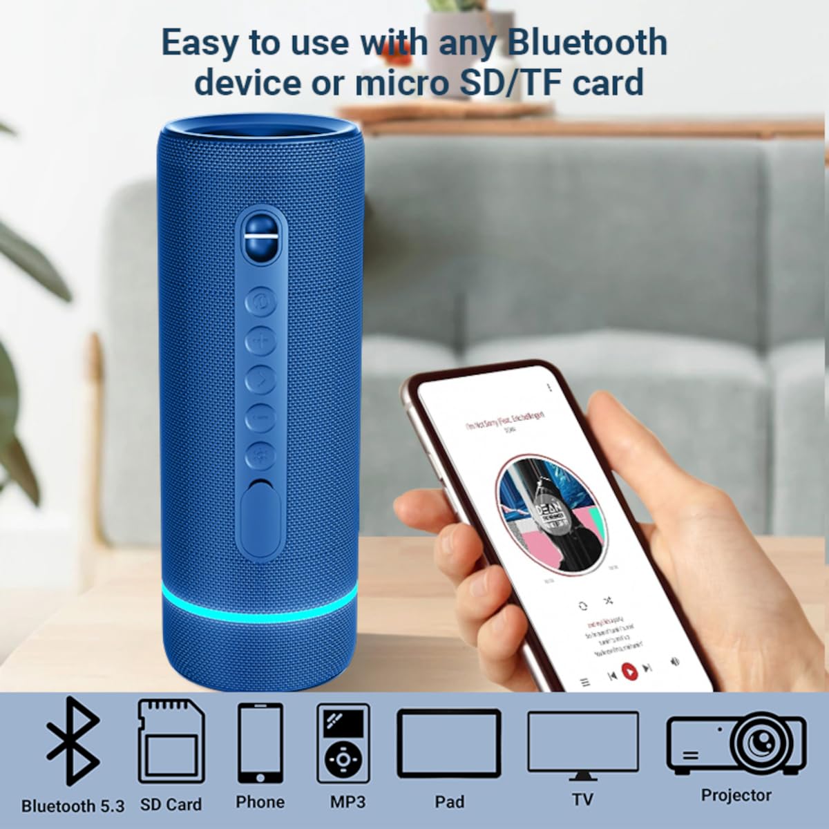 Decibelvibe Tnz Sleek 8 przenośny głośnik Bluetooth, wodoodporny głośnik IP66 o mocy 30 W, głęboki bas, Bluetooth 5.3, czas odtwarzania 25 godzin, parowanie TWS, światła RGB, do domu, na zewnątrz,