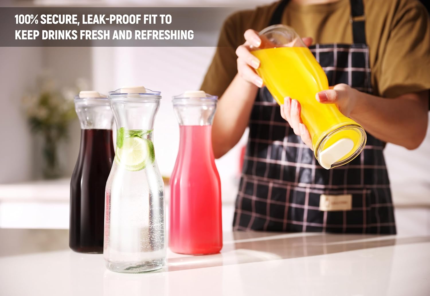 Set of 4 Glass Carafes with Flip Top Lids (1 Liter) – Clear Glass Water Pitchers and Beverage Serveware for Mimosa Bars, Brunch, Parties, Wine, Juice, Milk, Iced Tea, and Lemonade with Easy-Pour Spout - Image 6