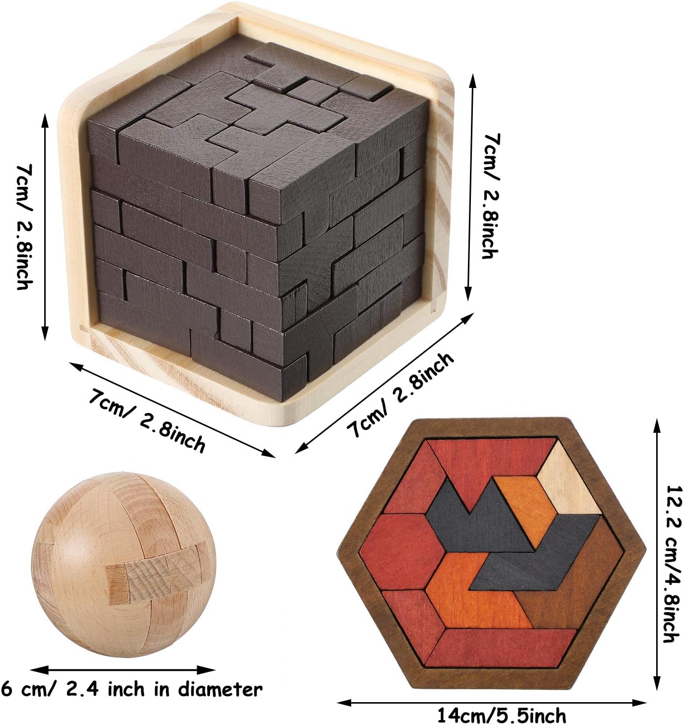 Wooden Brain Teaser Puzzle 1 Piece Wooden Brain Teaser Puzzle Cube 1 Piece Puzzle Wooden Ball 1 Piece Teasers Hexagon Tangram Puzzle for Intellectual Game Entertaining and Educational Tools : Toys & Games