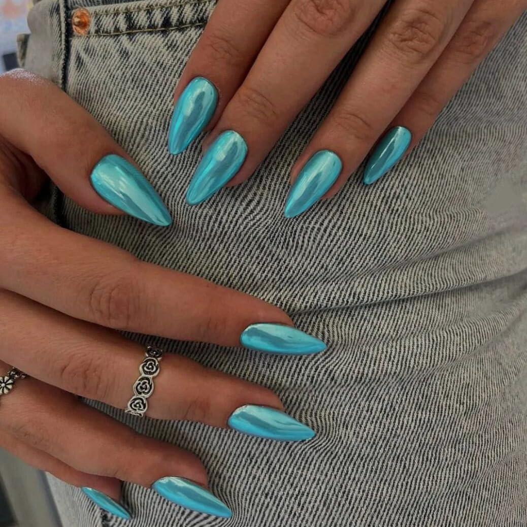 Metallic Teal Blue False Nails Almond, SXVME Chrome Press On Nails Medium, Glazed Shine Fake Nails with Mirror Effect