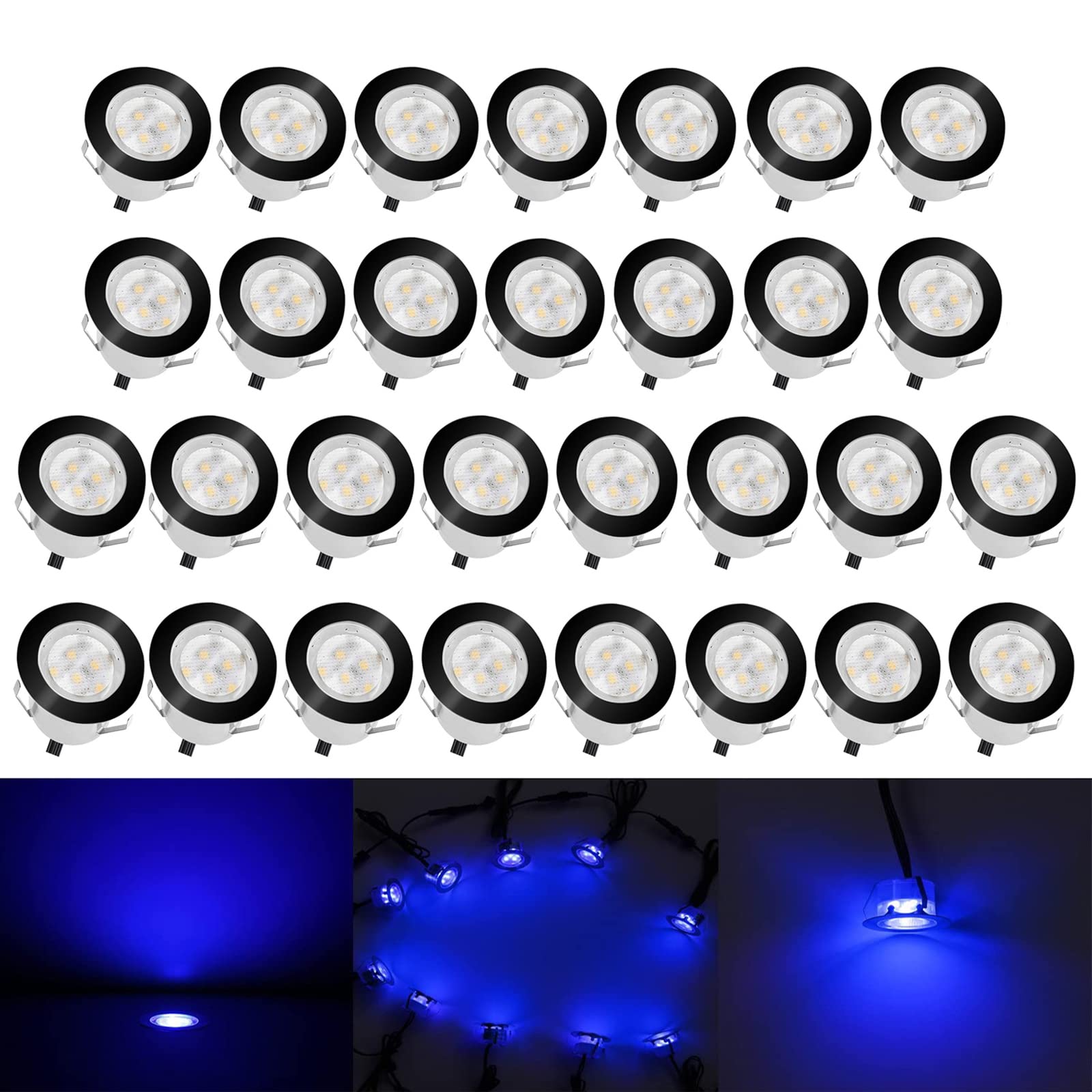 Low Voltage LED Deck Lighting Kit Stainless Steel 1W Waterproof Outdoor Yard Garden Decoration Lamps Landscape Pathway Patio Step Stairs LED In-ground Lights Black Border(30pcs,Blue) Blue 30pcs(Black Border)