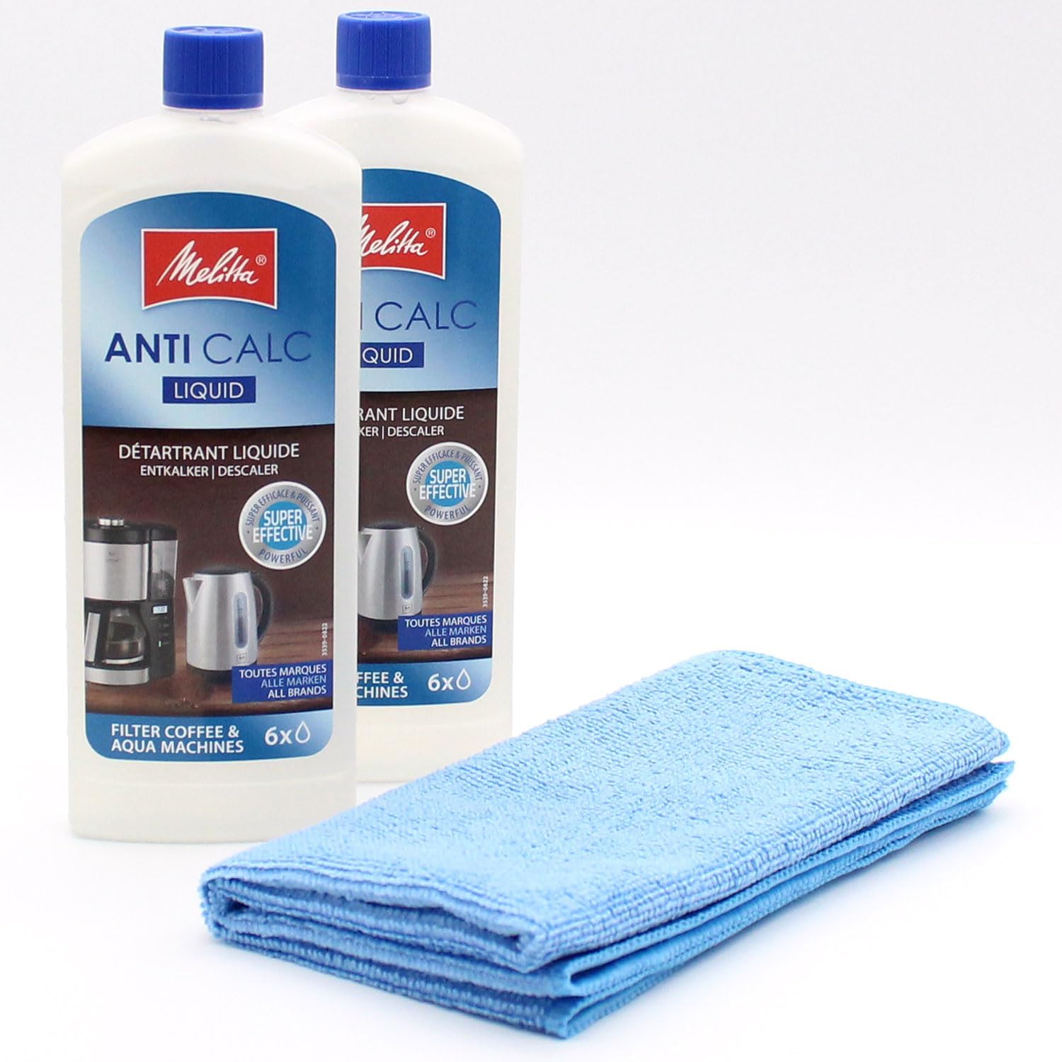 2 Liquid Descaler for Filter Coffee Machines + Microfiber Cloth Compatible with Melitta EPOUR Noir - 6772303, Excellent Steel - 6700157-250 ml - Accessories
