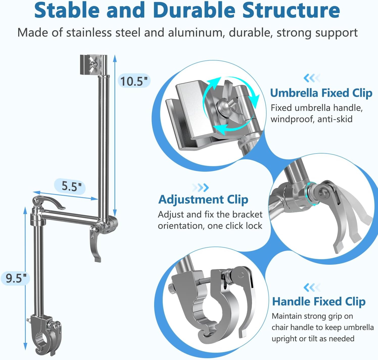Bicycle Umbrella Mount Stand Holder, Stroller Wheelchair Umbrella Holder Hands Free, Chair Umbrella Clamp Clip, Bicycle Umbrella Attachment, Adjustable Bleacher Umbrella Stand for Bicycle Handlebars