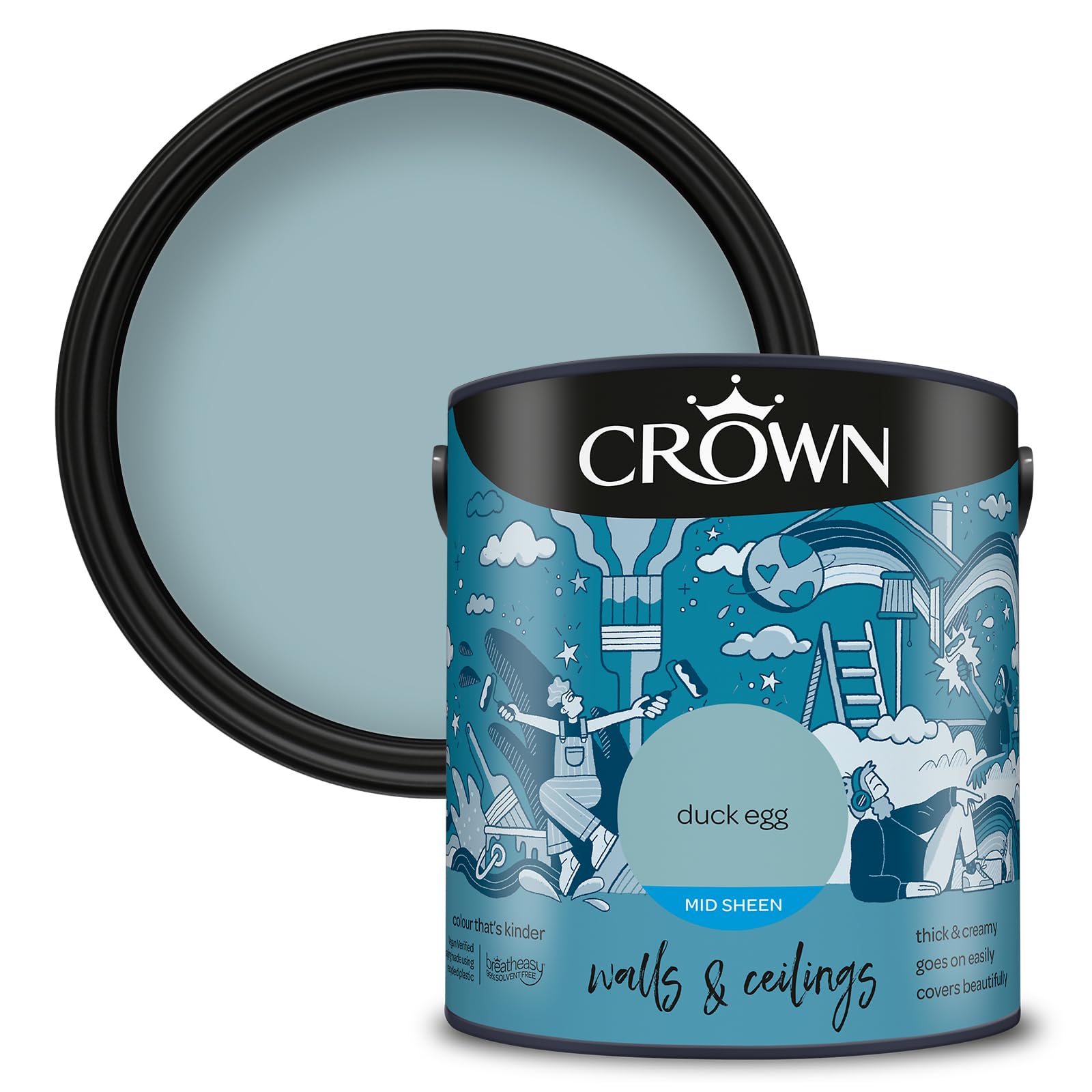 Crown Duck Egg - Mid Sheen Emulsion Paint for Walls and Ceilings - Wipeable - Duck Egg Finish - Hallway and Bedroom - Water Based, Quick Dry, Low Odour Paint - 5L