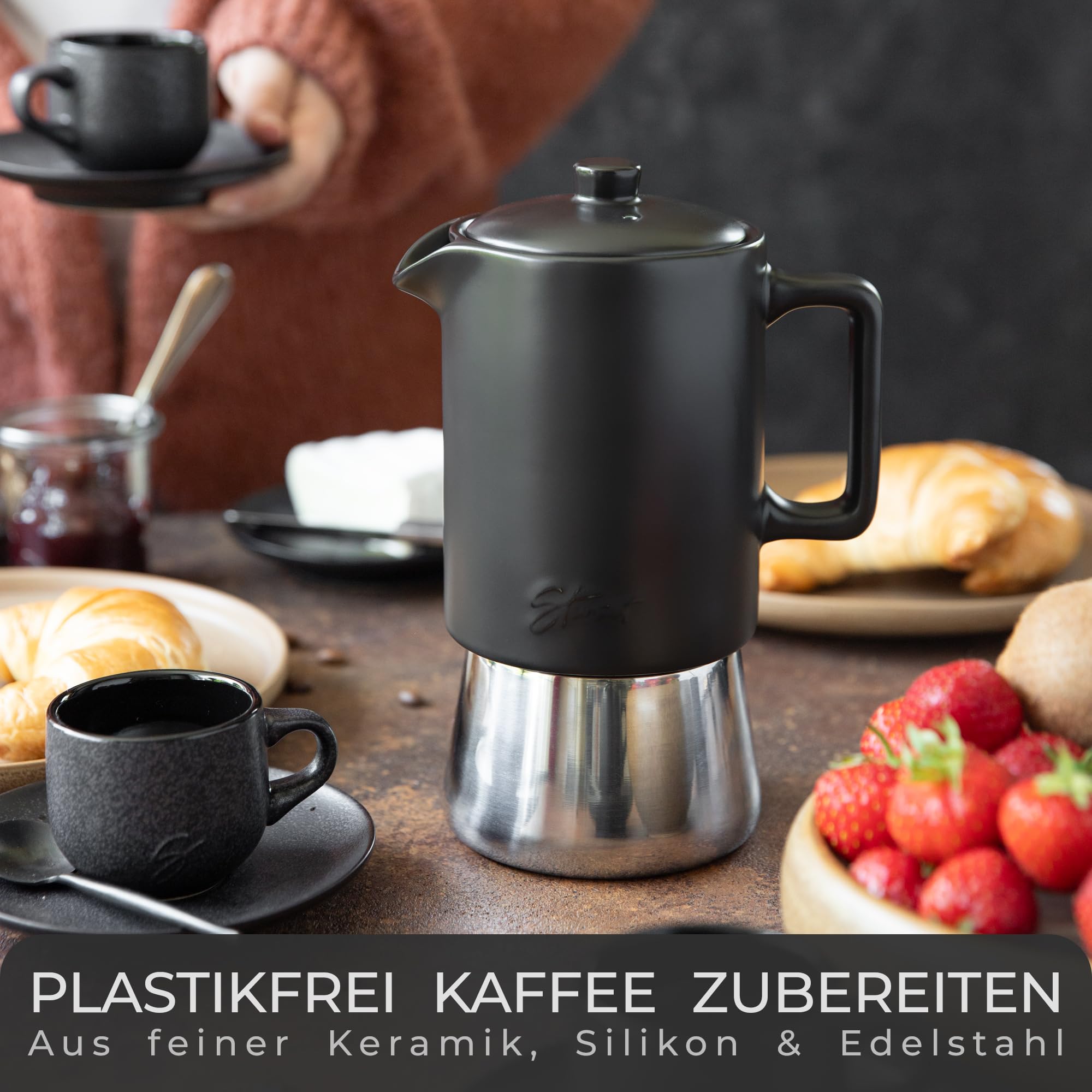 Steinzeit Design ceramiczny ekspres do espresso (300 ml) – Ekspres do espresso odpowiedni dla wszystkich typów kuchenek – Dzbanek do mokki z podstawą ze stali nierdzewnej i ceramicznym dzbankiem