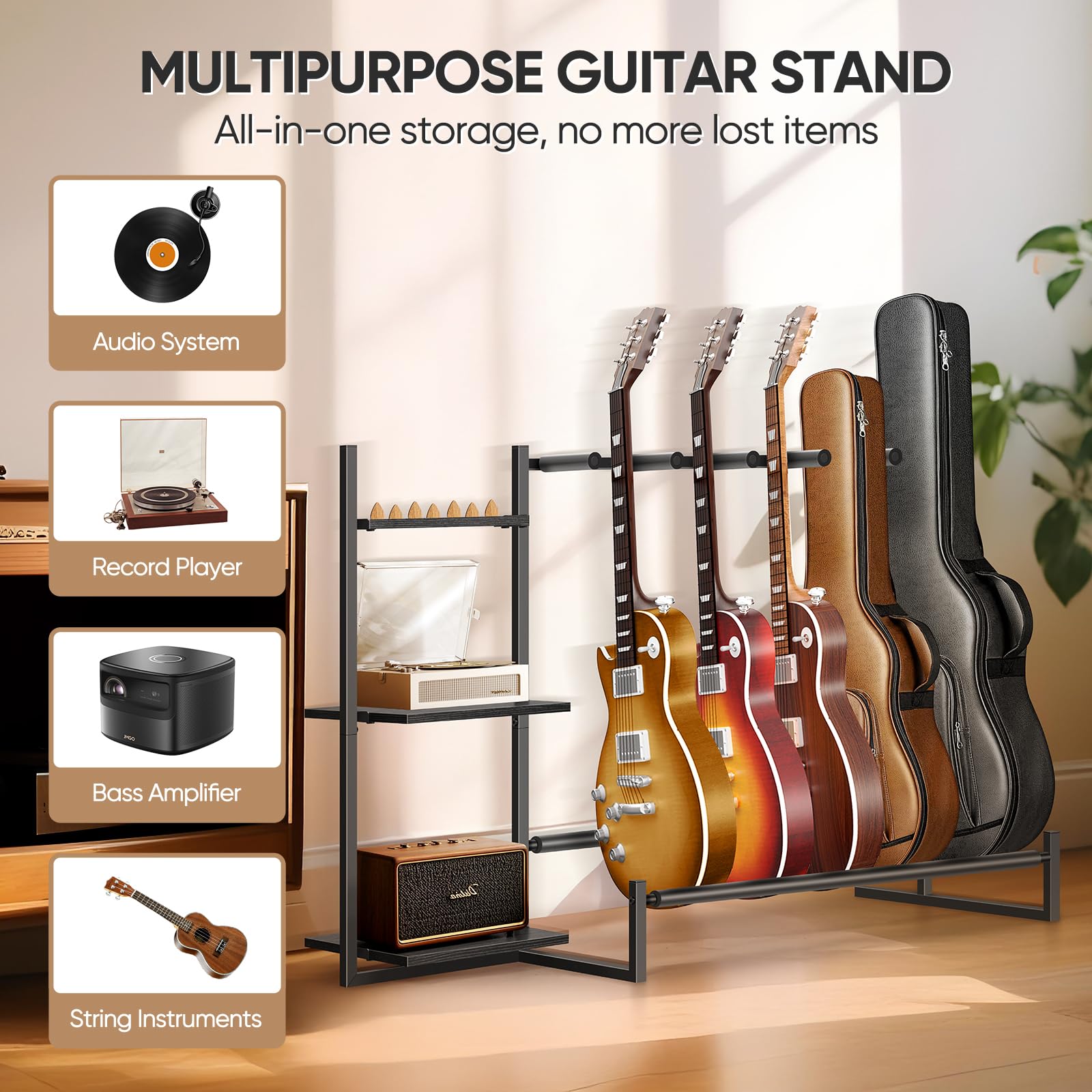 Gitarrenständer, Gitarrenhalter für 5 Saiteninstrumente, geeignet für Akustikgitarre, Bass, Gitarrenständer mit seitlichen Ablagen für Plattenspieler, mit rutschfesten Gummipads, Schwarz