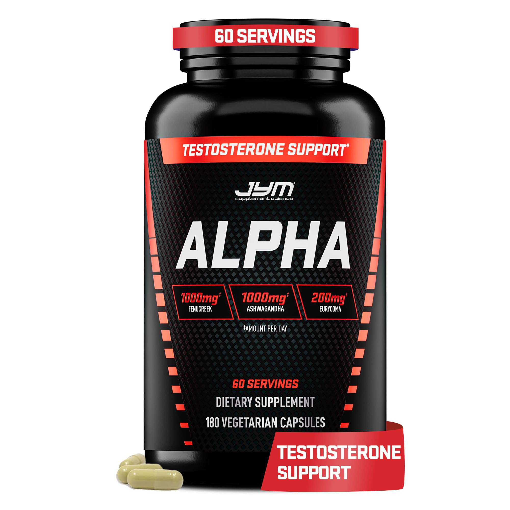 Alpha JYM Testosterone Support for Men, Tongkat Ali, Ashwagandha - 180 Caps 180 Count (Pack of 1) Herbal Supplement