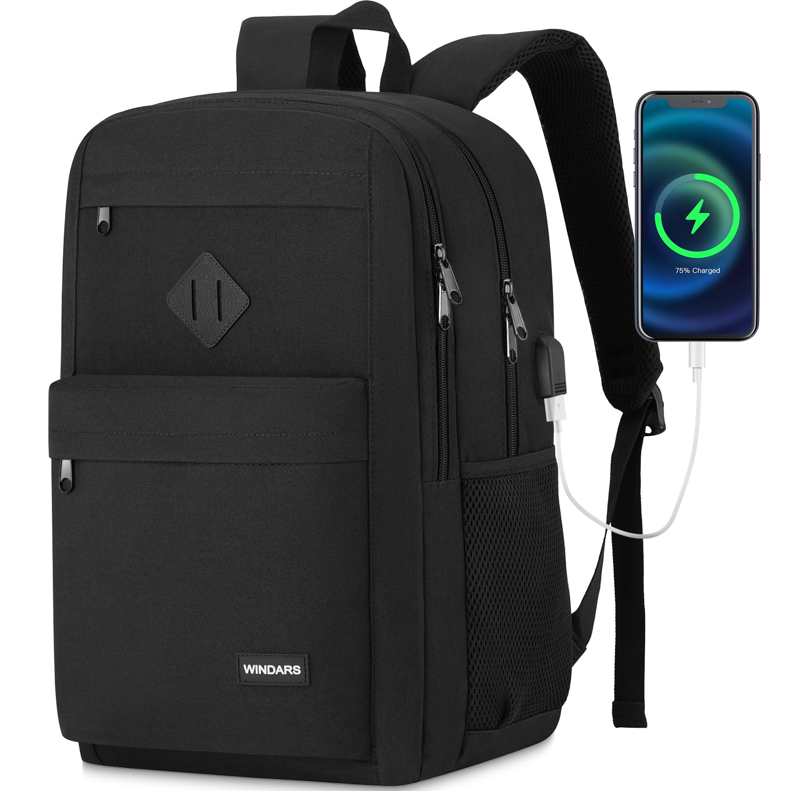 WINDARS Backpack for Men and Women, School Backpacks for Teens Boys, 15.6 Inch Laptop Bookbag Classic Computer Bag with 2 Compartment & USB Charger Port for College Work Travel Business