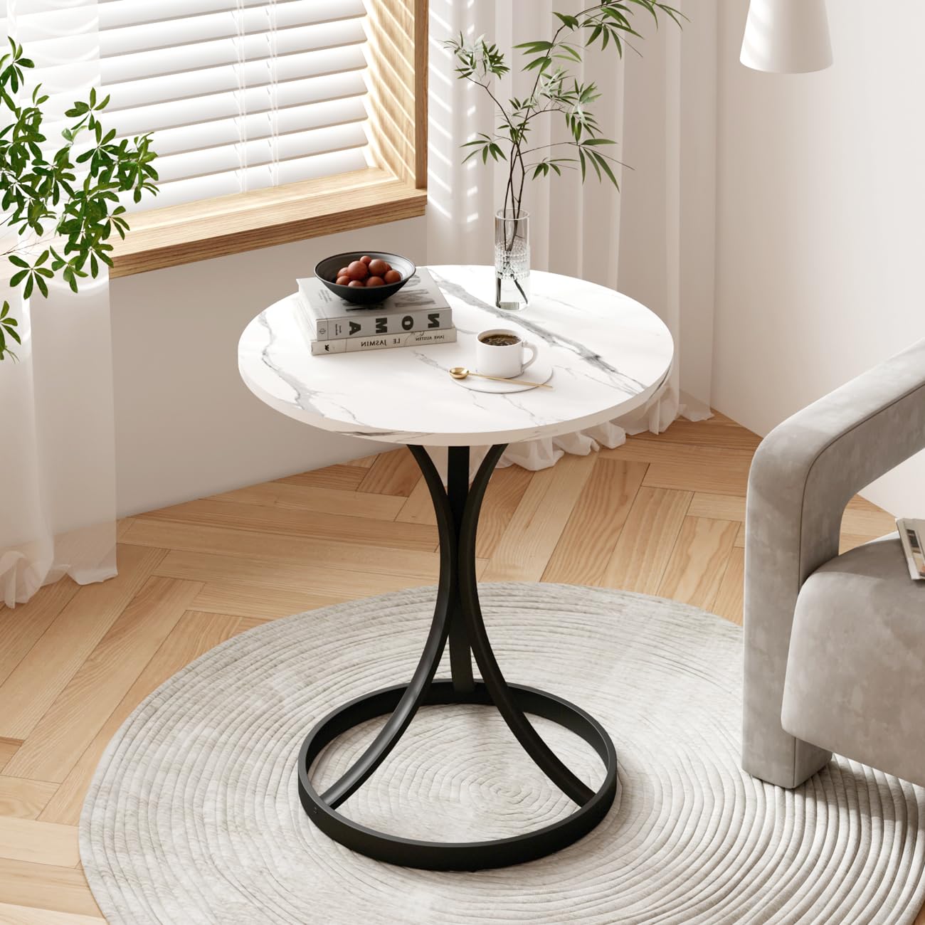Homullel Vintage Round Side Table, End Table, Nightstand, Coffee Table, White Marble, W50 x D50 x H56 cm