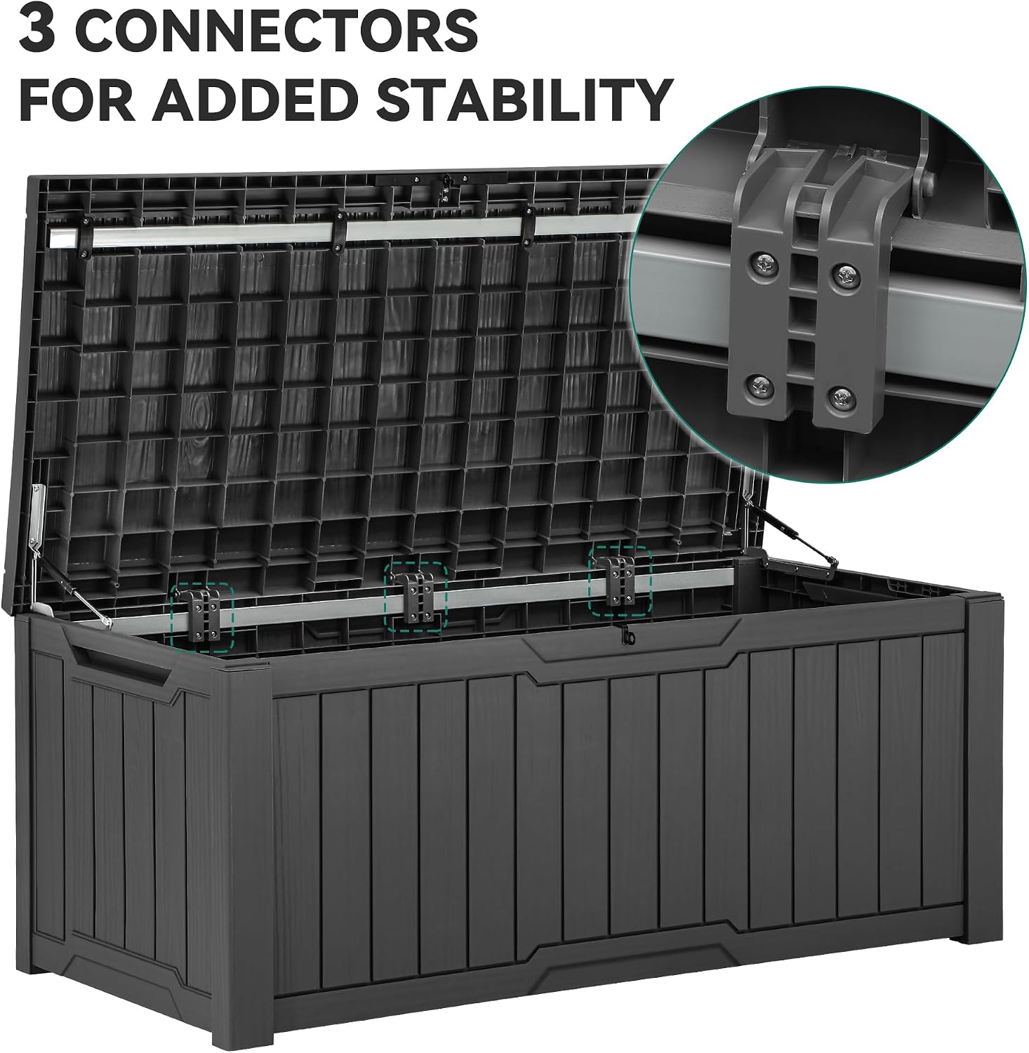 Three connectors for added stability on deck box lid