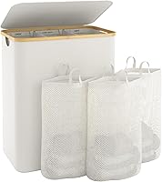 Bathola Extra Large 145L 3-Compartment Laundry Hamper with Lid, Removable Bags & Bamboo Frame - Beige Bedroom Organizer