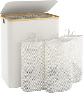 Bathola Extra Large 145L 3-Compartment Laundry Hamper with Lid, Removable Bags & Bamboo Frame - Beige Bedroom Organizer