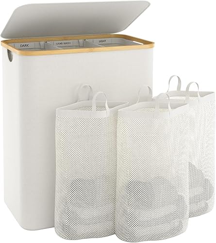 Vista 11 de Cestas para lavandería con tapa, cesta de 160L extra grande de 3 secciones organizador dividido para ropa para dormitorio, cuarto de lavandería