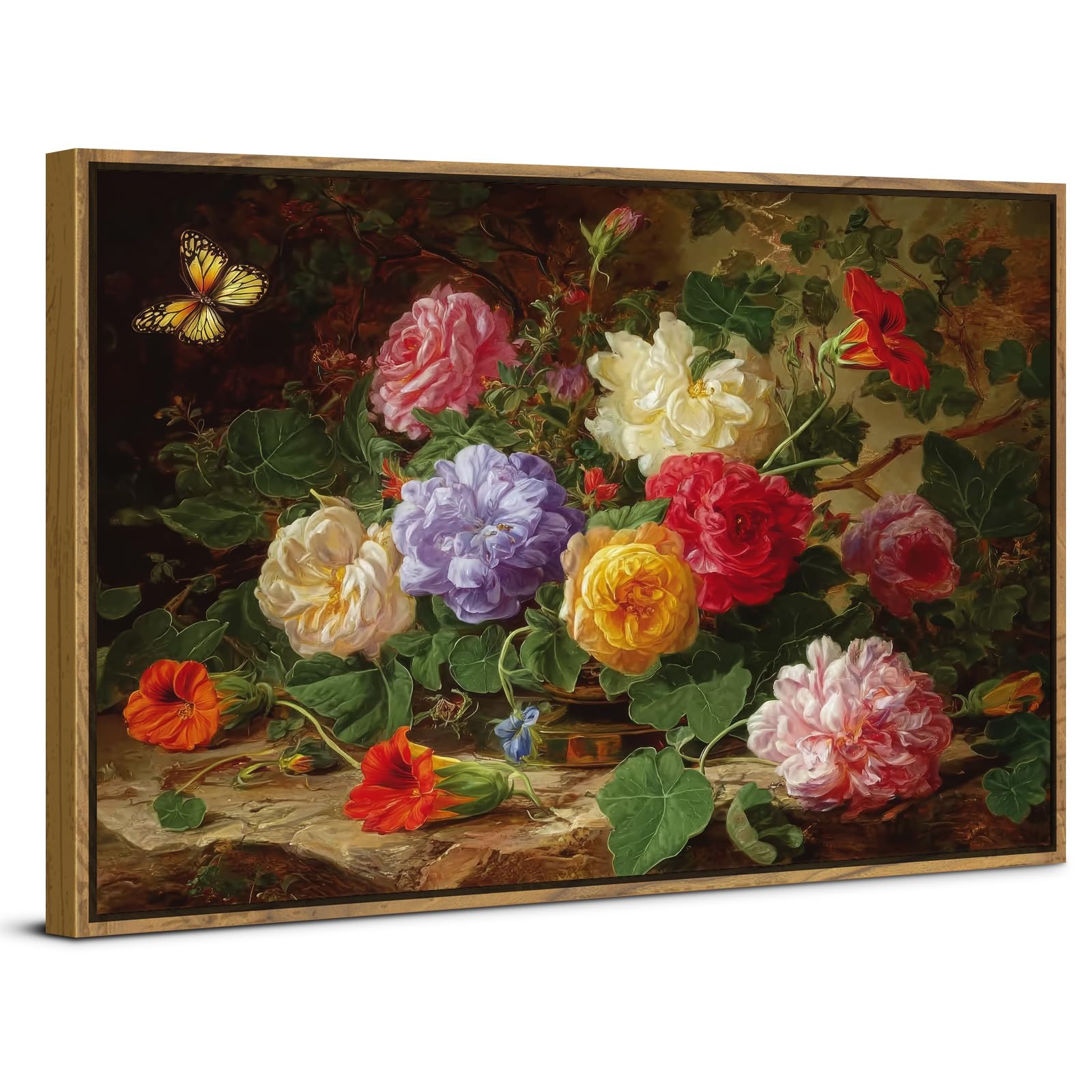 Abstract Floral Wall Art Framed Canvas Wall Decor Retro Pictures for Living Room Classical Dark Pink Peonies Painting Prints Poster Blooming Peony Butterfly Moody Artwork Farmhouse Decorations 24x36"