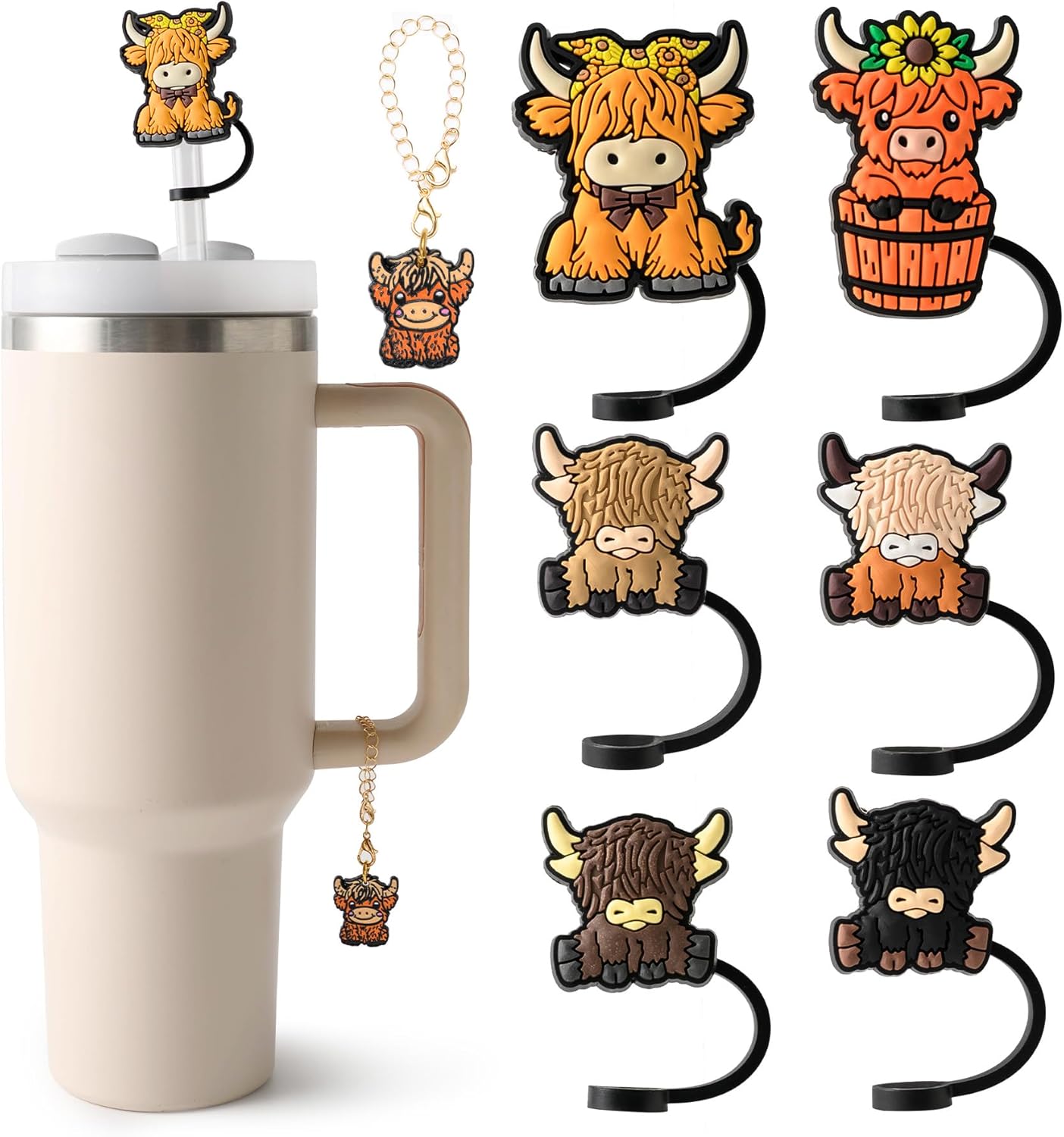 7PCS Stanley Cup Accessories,Tumbler Accessories 6PCS Straw Toppers, 1PCS Handle Charms for Stanley Tumbler Decor, Dachshund/Pug Dog/Black Cat Gifts (Higahland Cow)