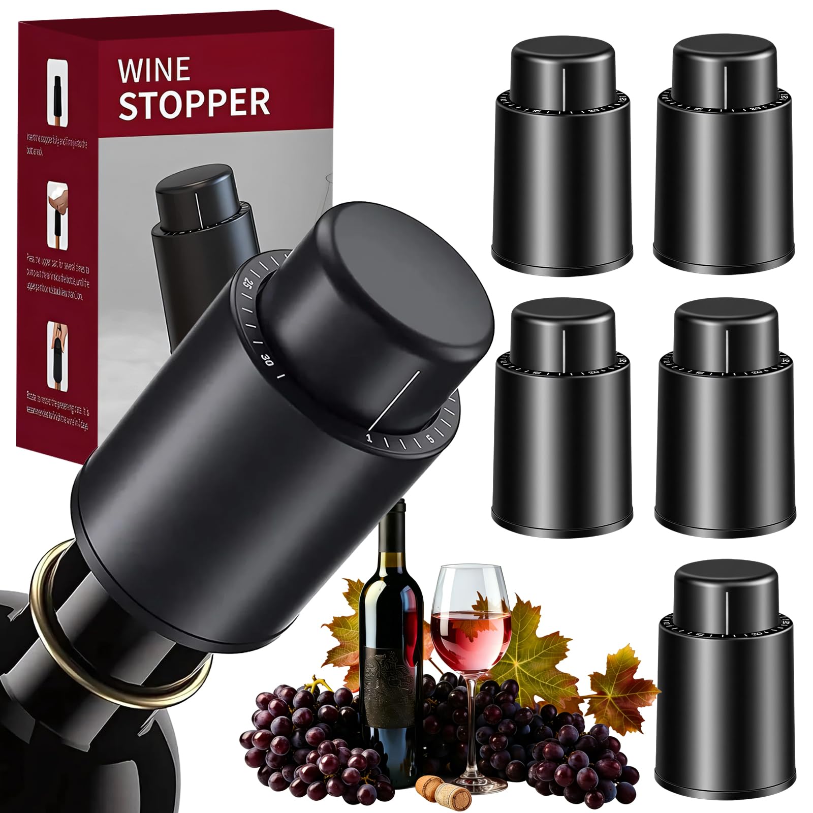 Woobroo 6 Pack Wine Stoppers Set | Vacuum Wine Saver with Date Marker | Leak-Proof Bottle Preserver | Black