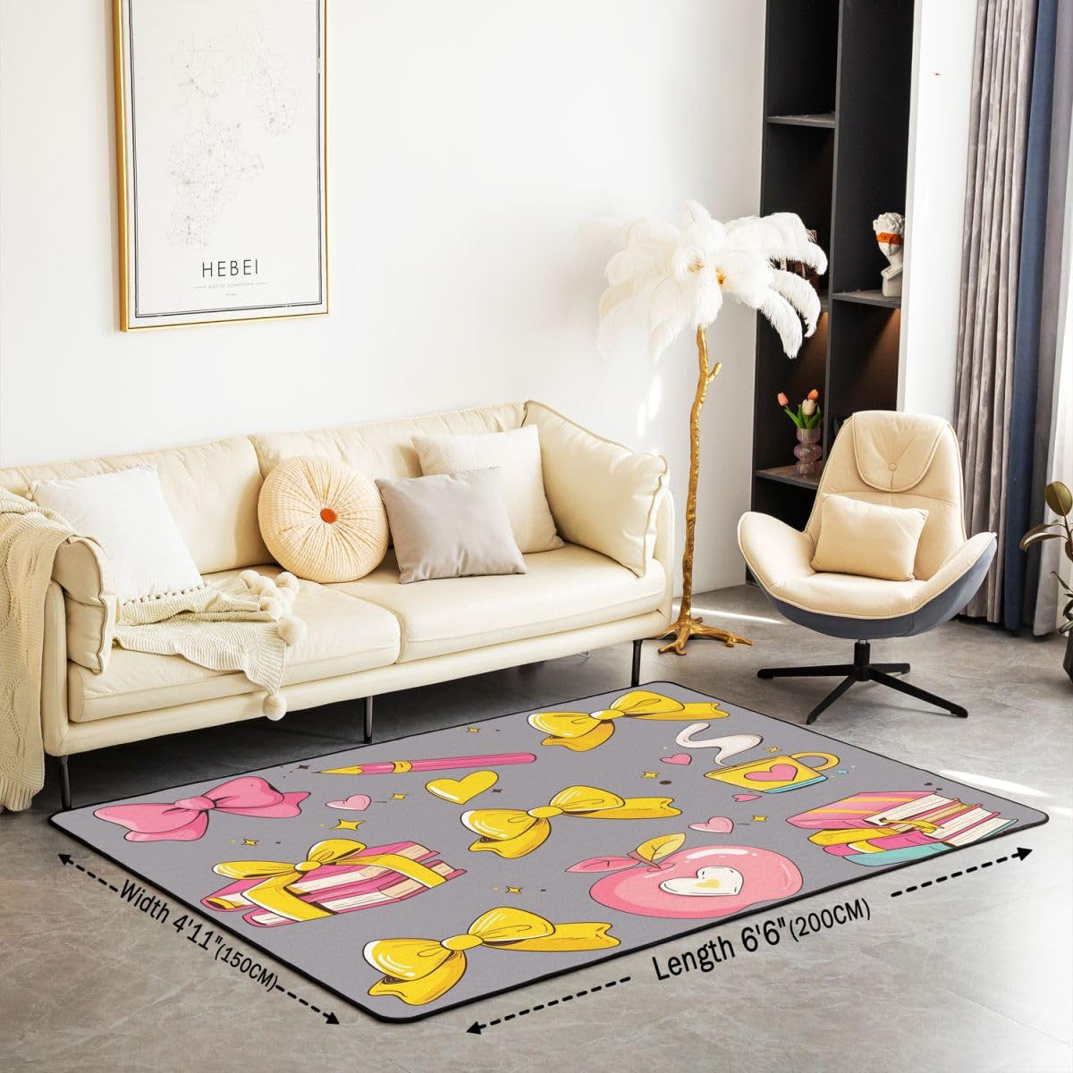 Homewish Bandschleife Teppich 150x200 Ästhetik Bleistift Teppiche Wohnzimmer Apfel Buch Kaffeetasse Sternmuster Rug Stilvoll Pflegeleicht Liebesherz Kawaii Mädchenhafte Schleife Carpet Living Room