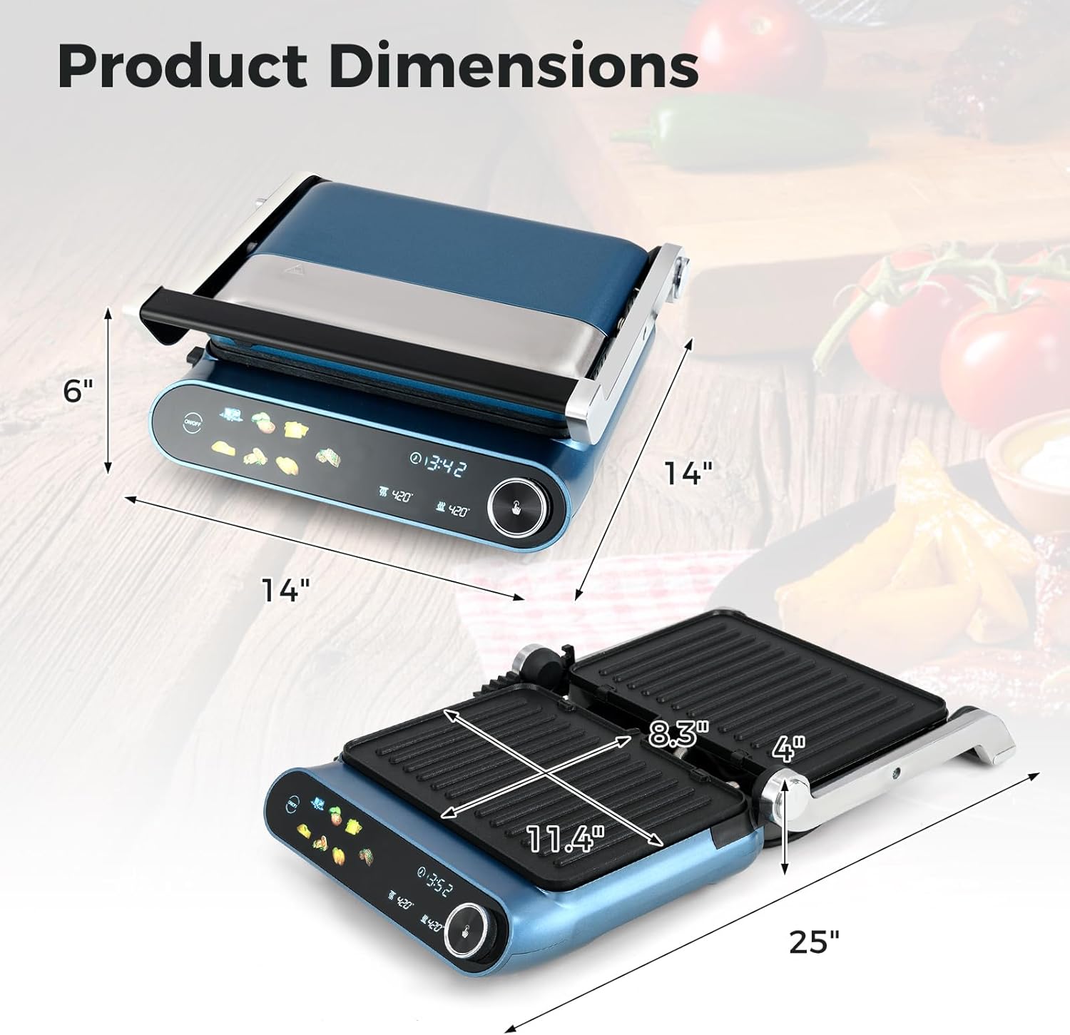 SIMOE Panini Press Sandwich Maker Grill, 1200W Electric Indoor Griddle with LED Touch Panel, 7 Grilling Modes, Non-Stick Coated Plates, Removable Drip Tray, 180-Degree Opening, Easy to Clean