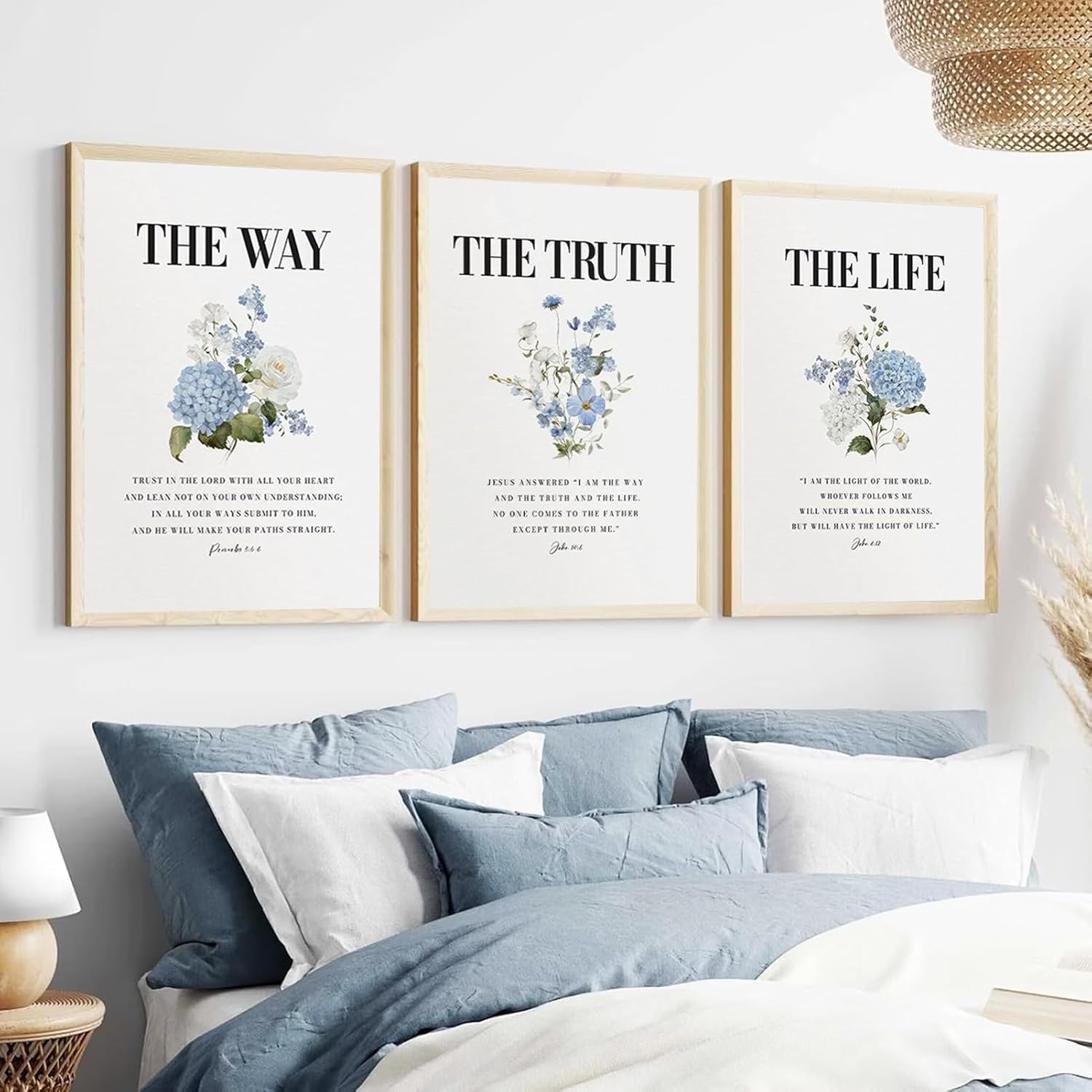 KLXCAJAM 3Pcs Christian Wall Art Bible Quote Pictures Paintings Wall Decor Blue Floral Prints John 14 6 The Way The Truth The Life Scripture Artwork for Bathroom Room Home Decoration 16x24in