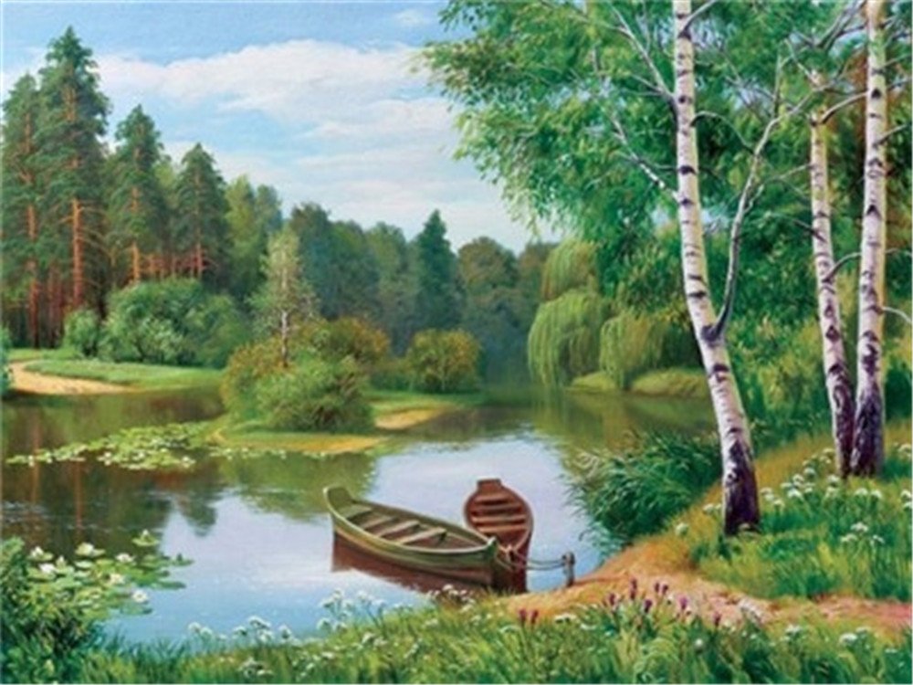 Diy Oil Paint by Number Kit for Adults Beginner 16x20 inch - Green Forest and River, Drawing with Brushes Christmas Decor Decorations Gifts (Without Frame) Diy Oil Painting