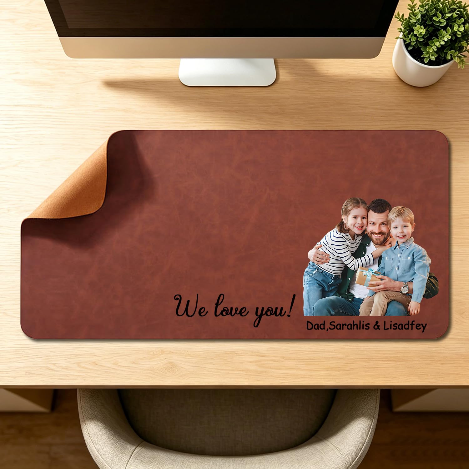 We Love You Dad Personalize Photo Portrait Line Art Leather Desk Mat for Dad, Custom Portrait from Photo Picture Fathers Day Leather Mouse Pad Desk Mat for Daddy, Papa