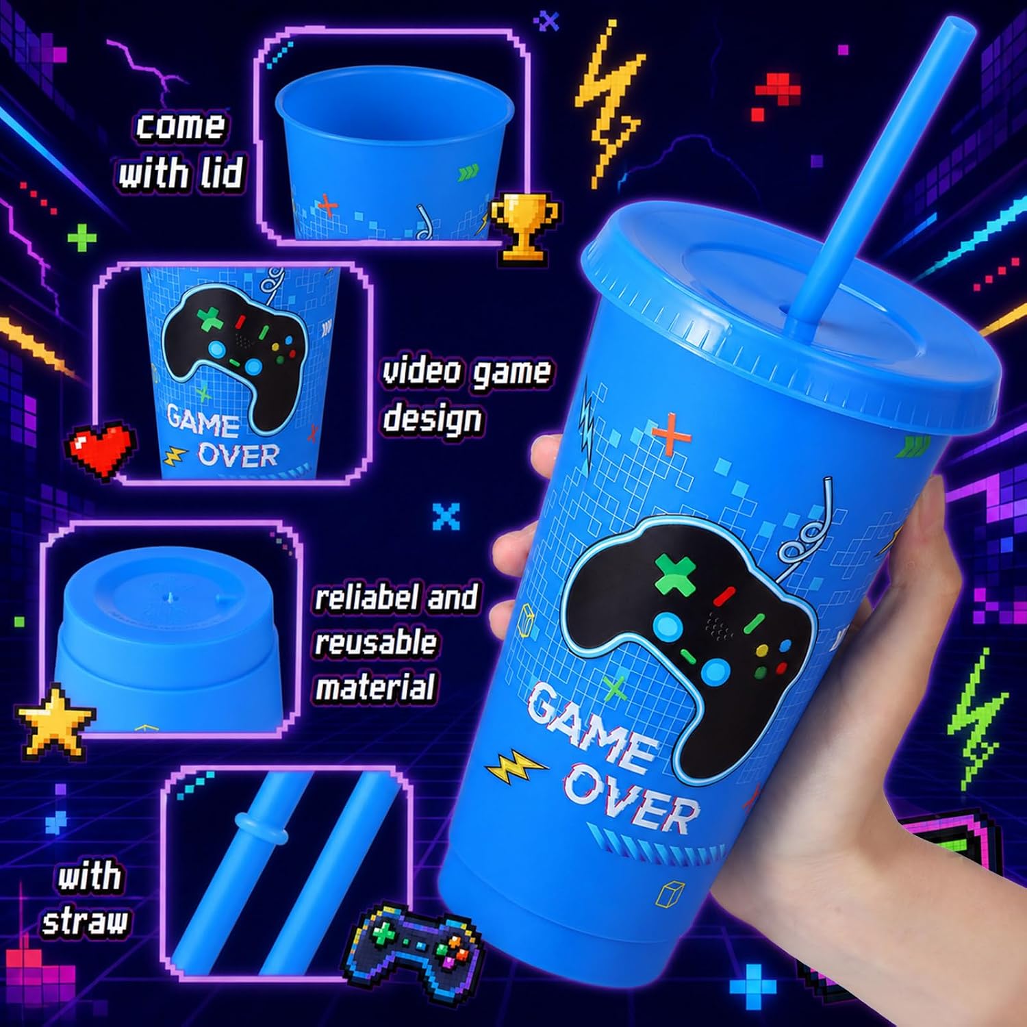 Newtay 24 Pieces Video Game Themed Cups with Straws and Lid - 24 Oz Reusable Plastic Gaming Tumbler Red Black Purple Green Cups Bulk for Birthday Baby Shower Party Favors Decoration Supplies