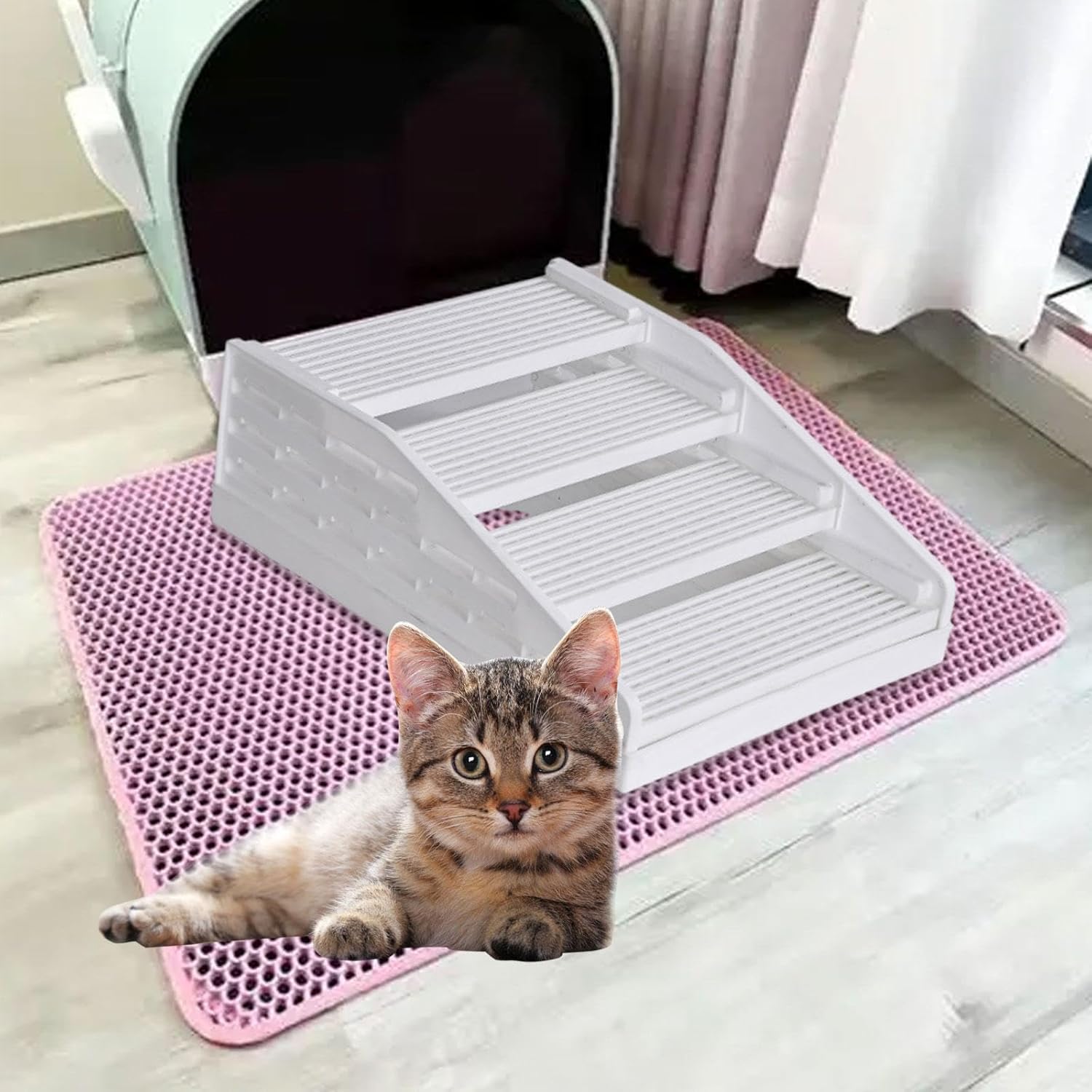 Adjustable Ramp Detachable Double Layered Nonslip Base with Function Portable PP Build Suitable for Cats Litter Trapper HOM, White