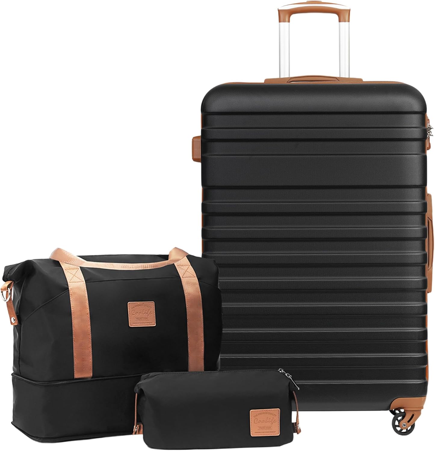 COOLIFE Suitcase Trolley Carry On Hand Cabin Luggage Hard Shell Travel Bag Lightweight with TSA Lock,The Suitcase Included 1pcs Travel Bag and 1pcs Toiletry Bag (Black/Brown, 28 Inch Luggage Set)