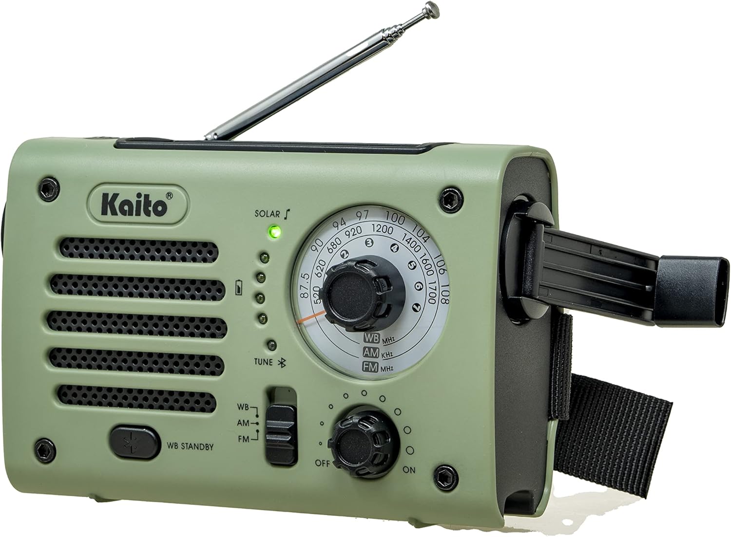 Kaito KA380 Emergency Radio & Portable Bluetooth Speaker – AM/FM NOAA Weather Radio Rechargeable with Solar Panel and Hand Crank Army Green
