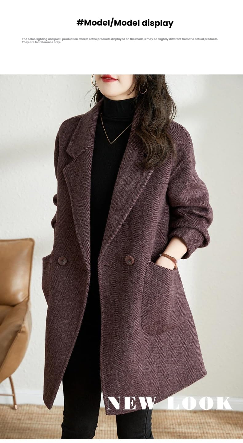 Generico Cappotto In Lana A Spina Di Pesce Da Donna Cappotto In Misto Lana con Revers Trench con Tasche Soprabito Doppiopetto Giacche Antivento Di Media Lunghezza Capispalla