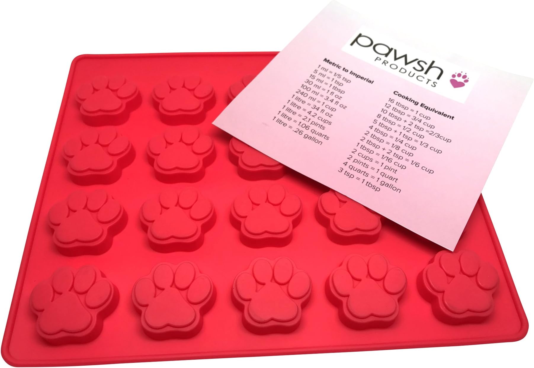 Pawsh Pet Products Silicone Mold For Dog Treats – Rubber Baking Mold Tray With 20 Paw Shaped Cavities – Use As Soap, Candle/Wax, Ice & Candy Mold – Dog Recipe Card & Cooking Conversion Card Included