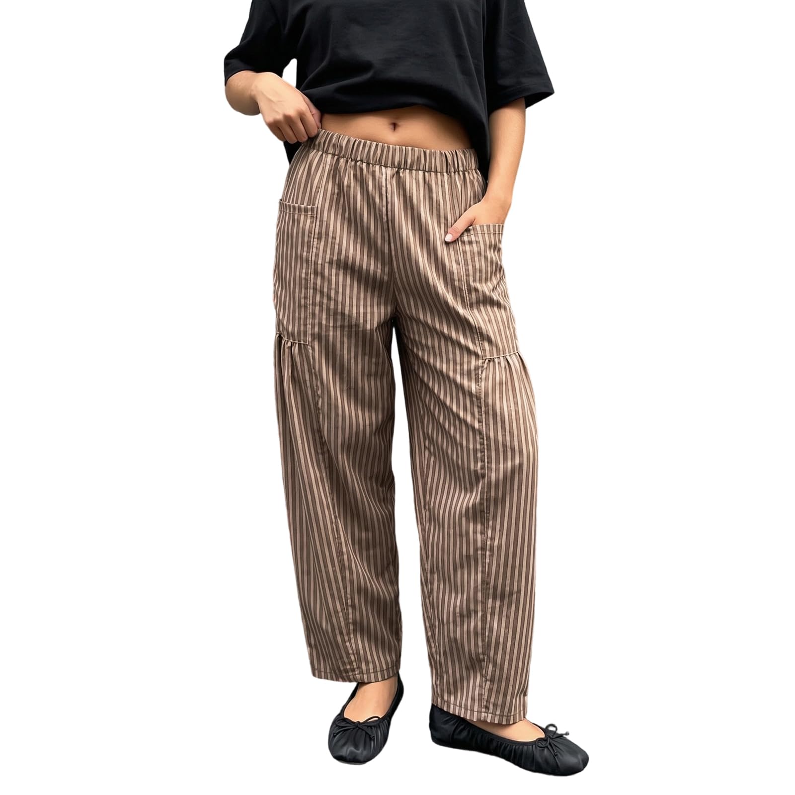 Sexy Outfit Pantalon Sarouel rayé en Coton et Lin pour Femmes, Ample, Jambes Larges, Cordon de Serrage, Pantalon de Plage avec Poches, vêtements de détente d'été