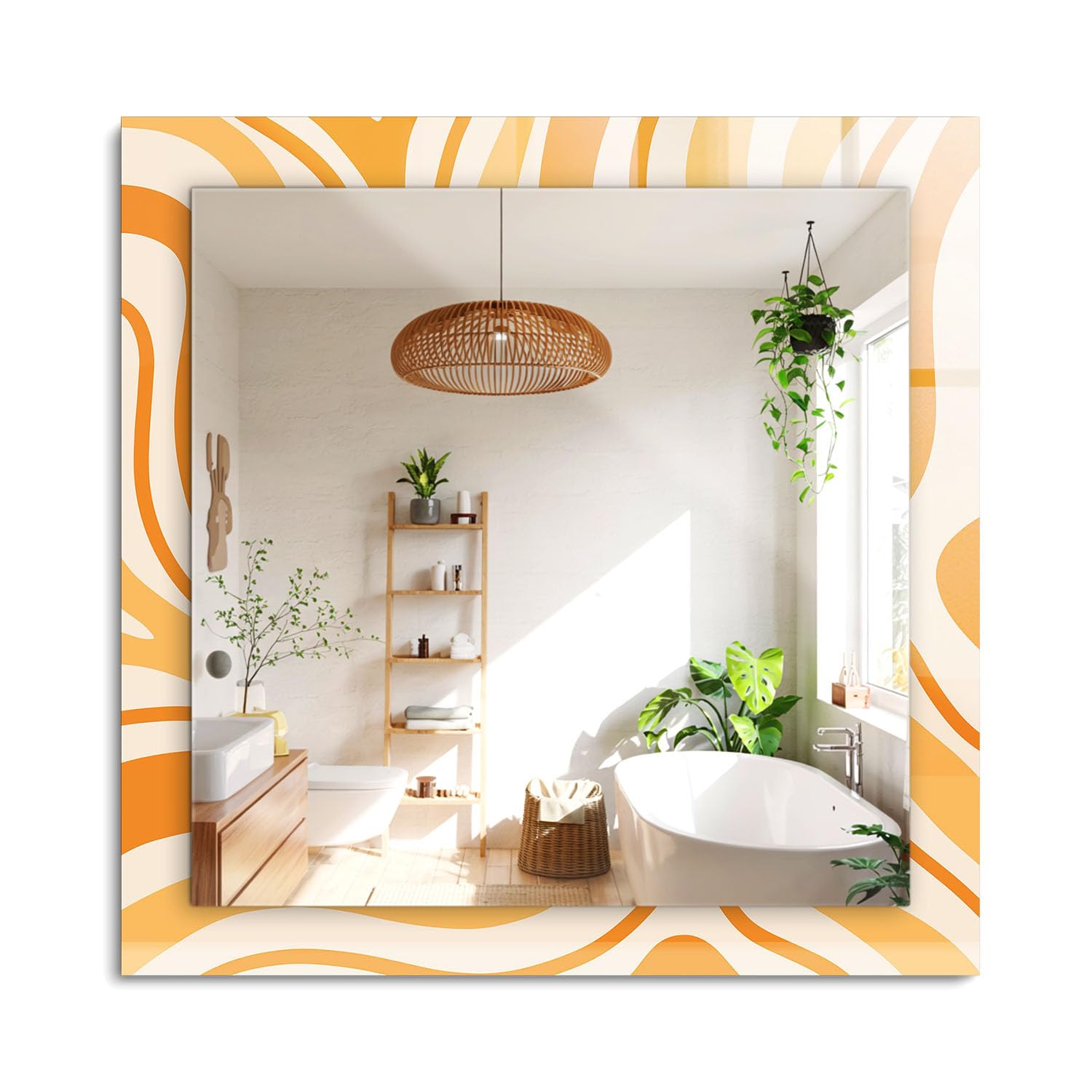 Miroir rectangulaire 60x60cm cadre verre orange abstrait pour decoration murale salon et entree