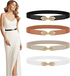 4 Pack Women Skinny Elastic Belt Ladies Fashion Leaf Alloy Buckle Stretchy Thin Waist Belt for Dresses - Buy now
