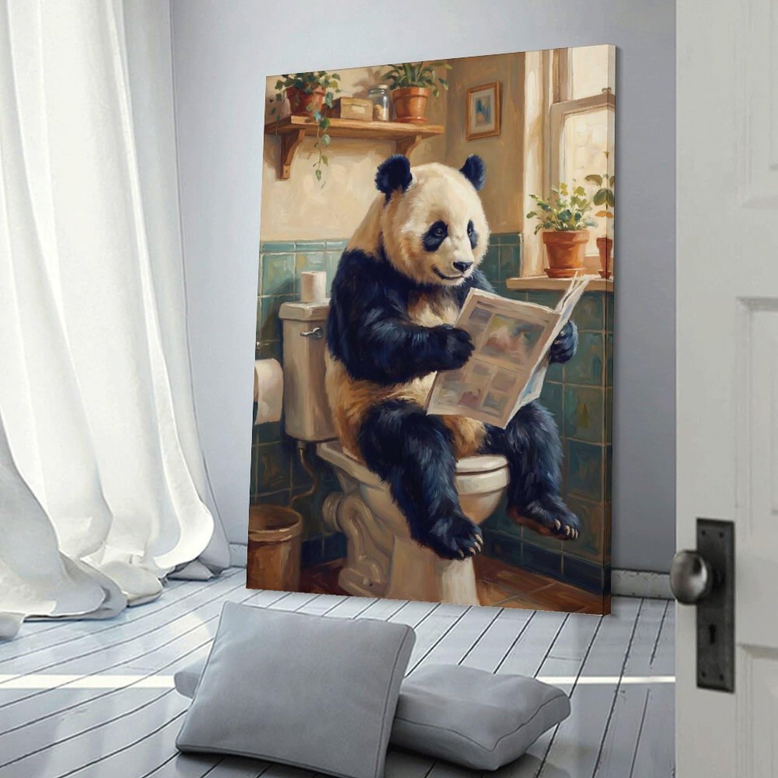Junmoney Frame-Style-14 Canvas Wall Art Panda Reading Newspaper On Toilet, 20X30inch(50X75cm), For Lounge Decor, Bedroom Walls Or Flats, Eye Catching Artwork For Blank Walls