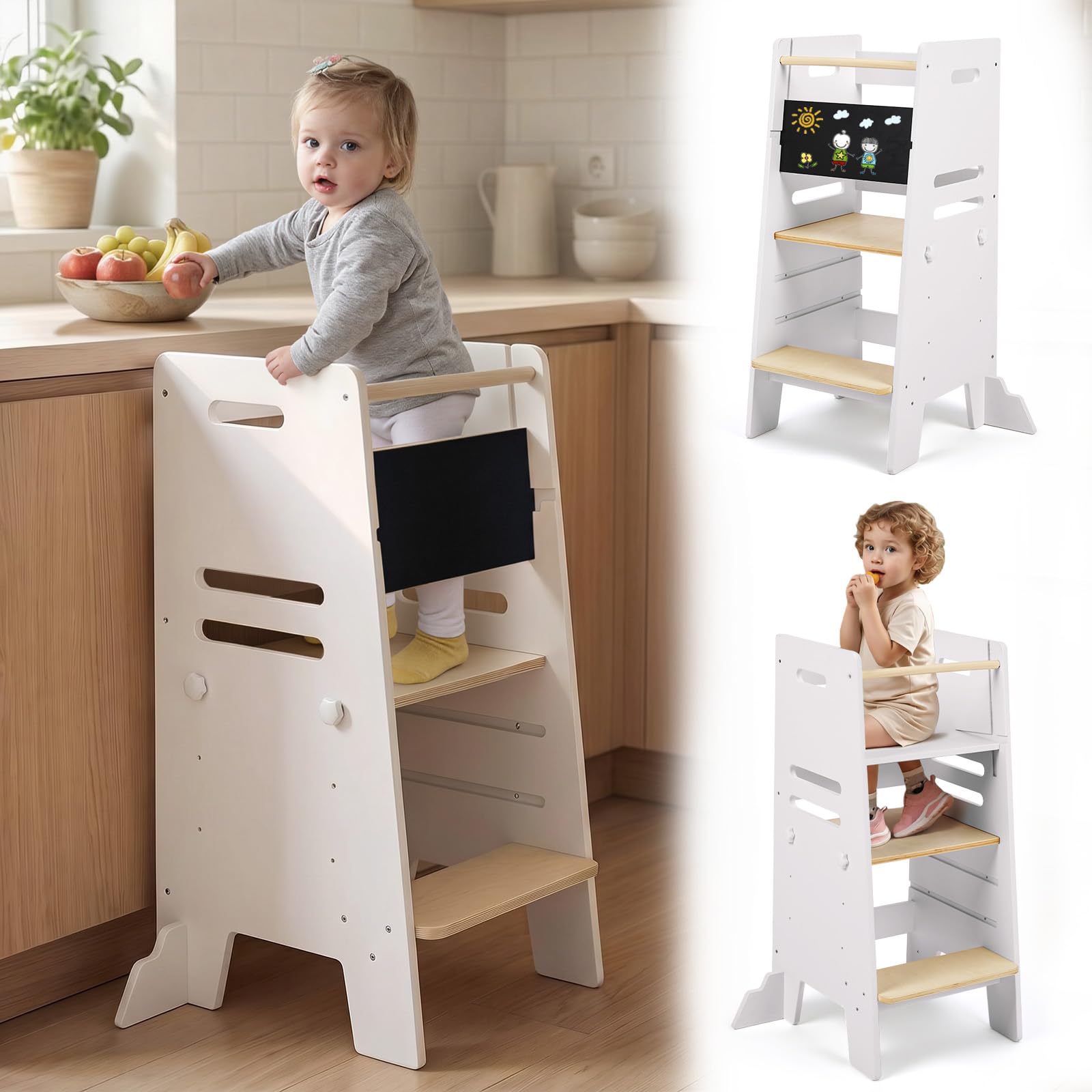Labebe Torre Montessoriana Bambini da 1 Anno +, Learning Tower 3 in 1 con Lavagna e Seduta, Torre Montessori Regolabile in 3 Altezze, Aiuto Cucina Sicuro in Legno