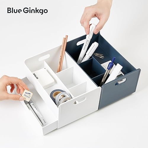 Miniatura 7 de BLUE GINKGO Organizador de escritorio portátil, compacto, 3 compartimentos, almacenamiento de medio cajón, soporte para bolígrafos, organizador de